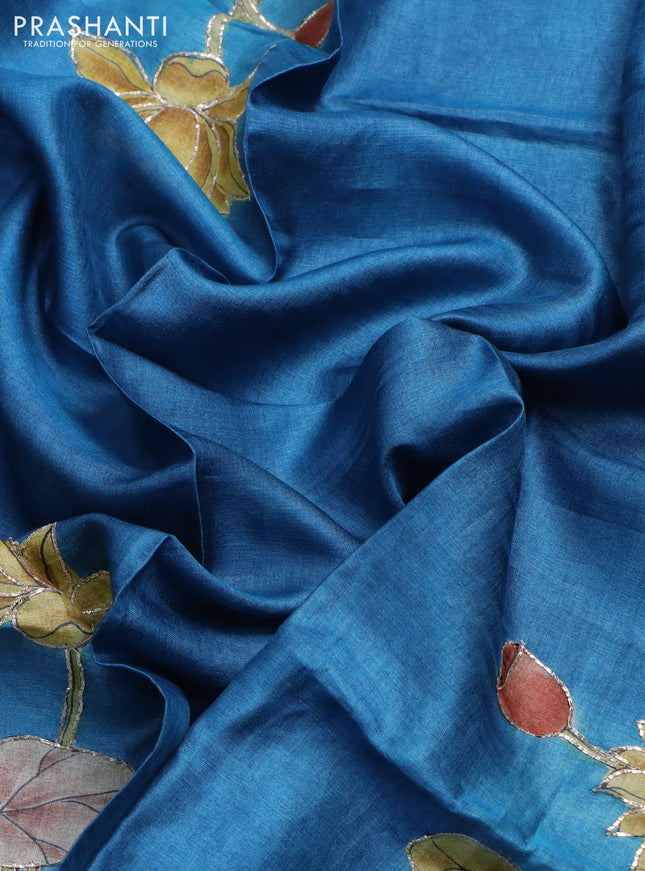 Tussar hand painted blouse piece cs blue with allover kalamkari prints & pita work