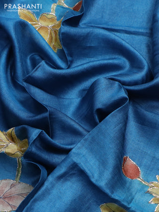 Tussar hand painted blouse piece cs blue with allover kalamkari prints & pita work
