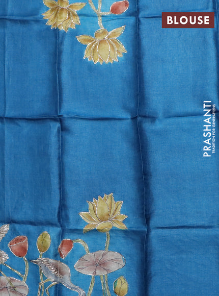 Tussar hand painted blouse piece cs blue with allover kalamkari prints & pita work