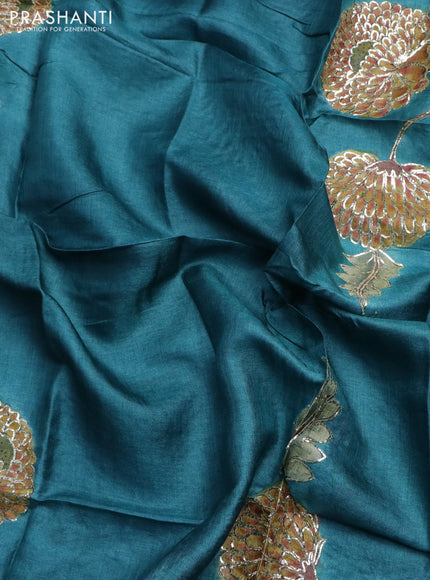 Tussar hand painted blouse piece teal blue with allover kalamkari prints & pita work