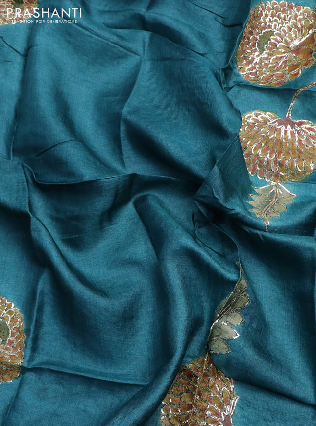 Tussar hand painted blouse piece teal blue with allover kalamkari prints & pita work