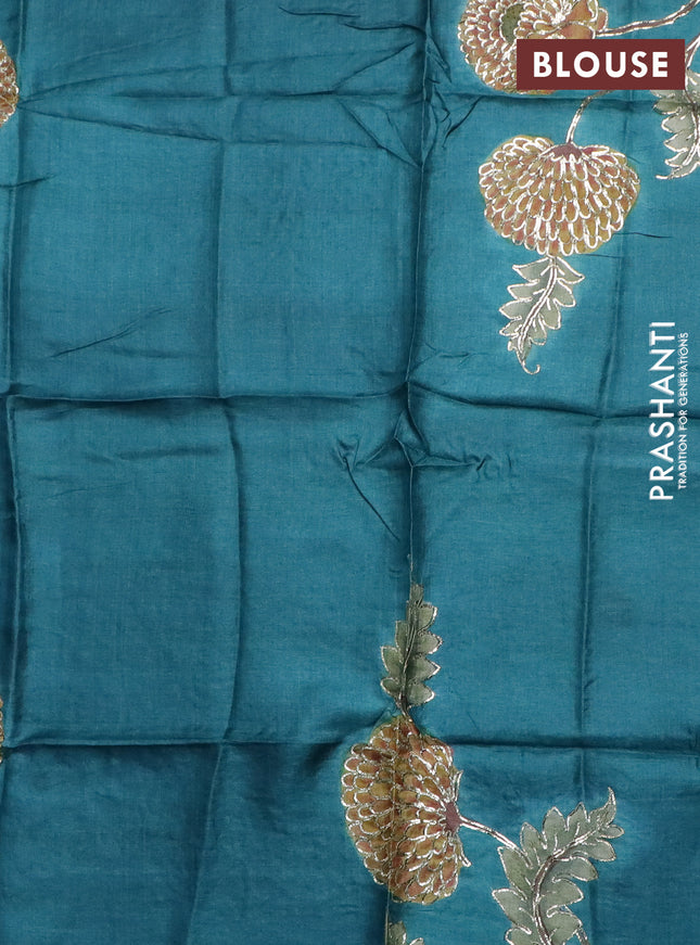 Tussar hand painted blouse piece teal blue with allover kalamkari prints & pita work