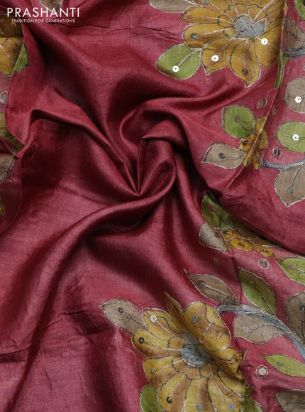 Tussar hand painted blouse piece maroon with allover kalamkari prints & sequin work