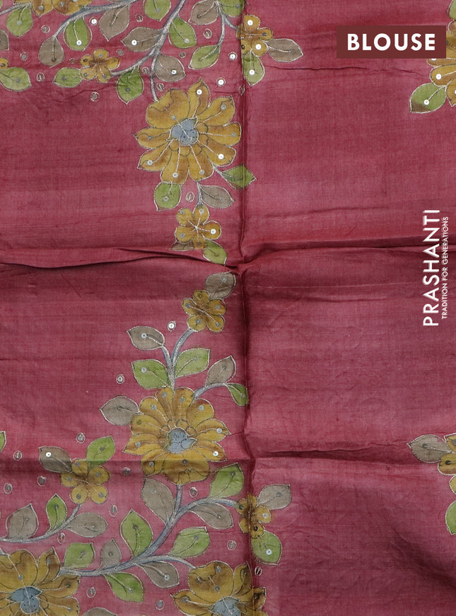 Tussar hand painted blouse piece maroon with allover kalamkari prints & sequin work