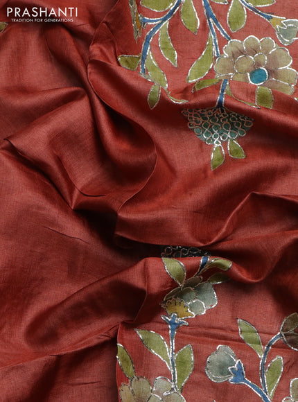 Tussar hand painted blouse piece orange with allover kalamkari prints & pita work