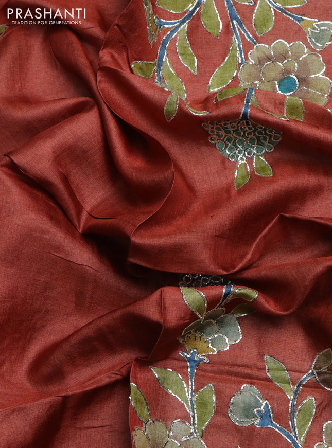 Tussar hand painted blouse piece orange with allover kalamkari prints & pita work