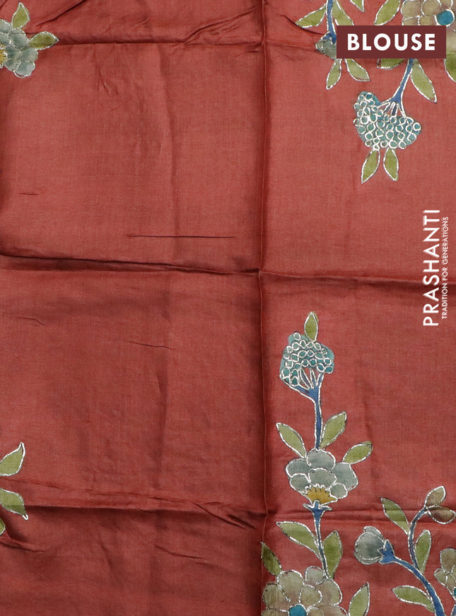 Tussar hand painted blouse piece orange with allover kalamkari prints & pita work