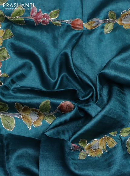 Tussar hand painted blouse piece teal blue with allover kalamkari prints & pita work
