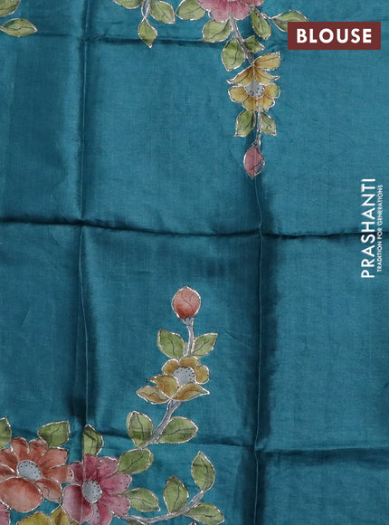 Tussar hand painted blouse piece teal blue with allover kalamkari prints & pita work