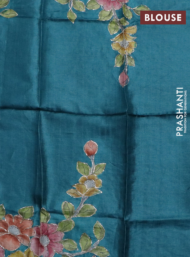 Tussar hand painted blouse piece teal blue with allover kalamkari prints & pita work