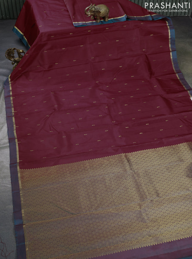 Pure kanchipuram silk saree maroon and dual shade of peacock blue with zari woven buttas and zari woven simple border