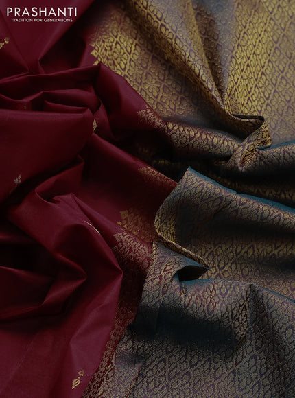 Pure kanchipuram silk saree maroon and dual shade of peacock blue with zari woven buttas and zari woven simple border