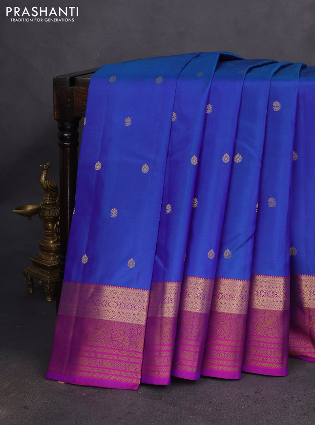 Pure kanchipuram silk saree dual shade of blue and purple with zari woven buttas and rich zari woven border