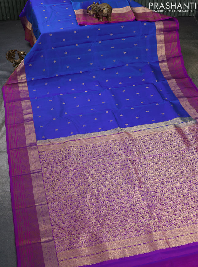 Pure kanchipuram silk saree dual shade of blue and purple with zari woven buttas and rich zari woven border