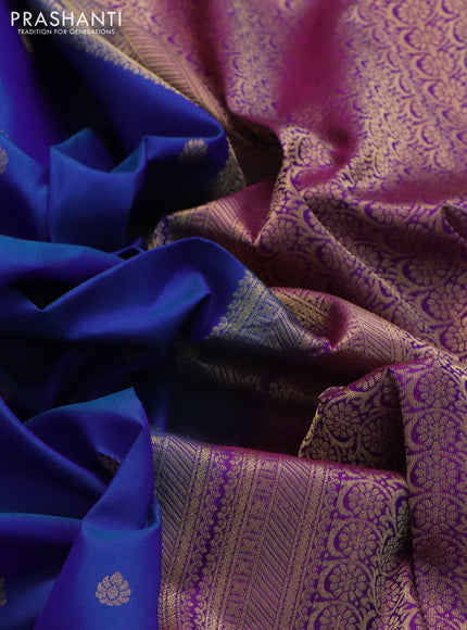 Pure kanchipuram silk saree dual shade of blue and purple with zari woven buttas and rich zari woven border