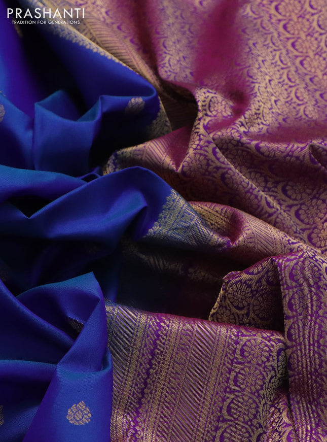 Pure kanchipuram silk saree dual shade of blue and purple with zari woven buttas and rich zari woven border