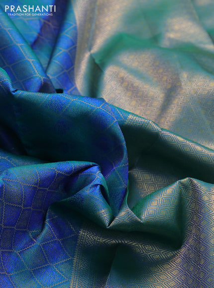 Pure kanchipuram silk saree dual shade of teal green with allover self emboss & zari weaves and rich zari woven border