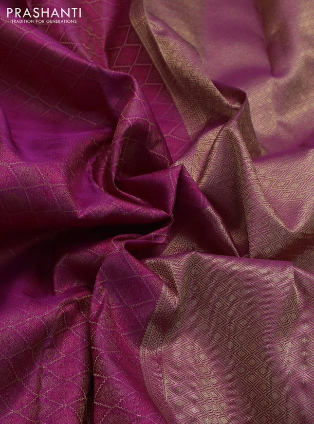 Pure kanchipuram silk saree magenta pink with allover self emboss & zari weaves and rich zari woven border