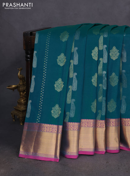 Pure kanchipuram silk saree teal green and pink with alover silver & gold zari weaves & buttas and rich zari woven border