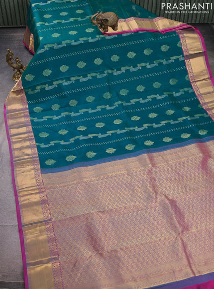Pure kanchipuram silk saree teal green and pink with alover silver & gold zari weaves & buttas and rich zari woven border