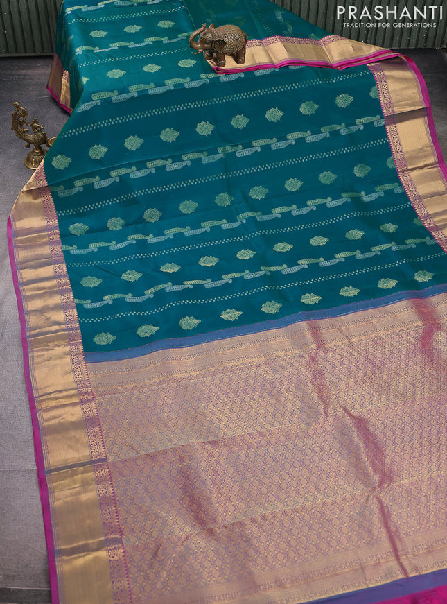 Pure kanchipuram silk saree teal green and pink with alover silver & gold zari weaves & buttas and rich zari woven border