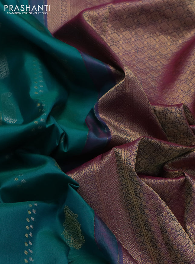 Pure kanchipuram silk saree teal green and pink with alover silver & gold zari weaves & buttas and rich zari woven border