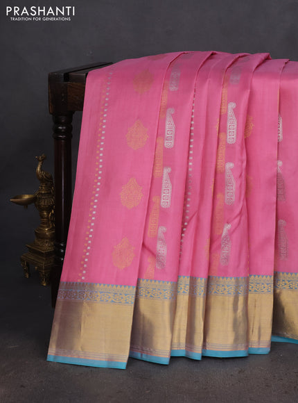 Pure kanchipuram silk saree light pink and teal blue with alover silver & gold zari weaves & buttas and rich zari woven border