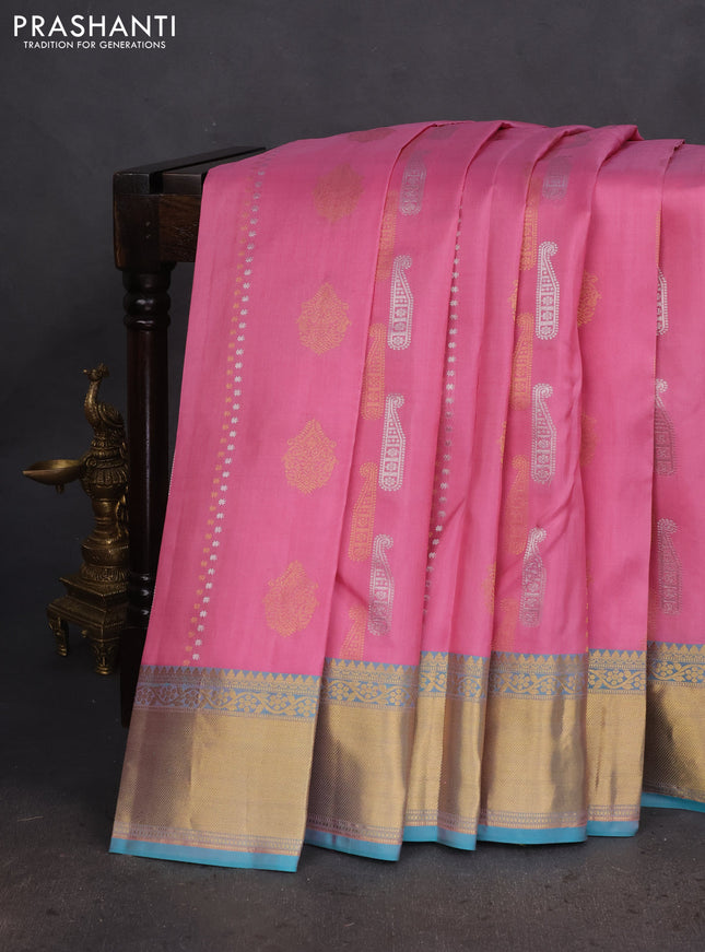 Pure kanchipuram silk saree light pink and teal blue with alover silver & gold zari weaves & buttas and rich zari woven border