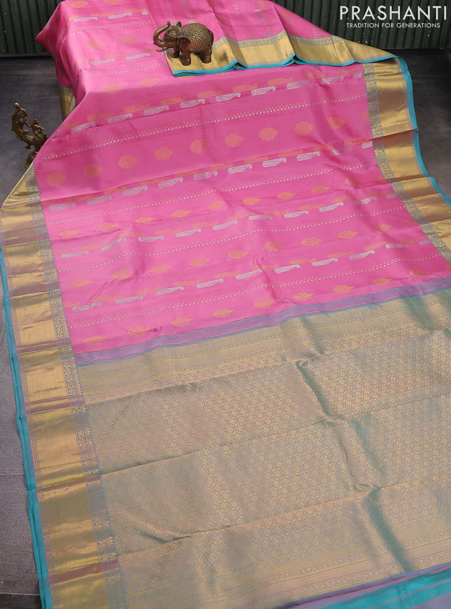 Pure kanchipuram silk saree light pink and teal blue with alover silver & gold zari weaves & buttas and rich zari woven border
