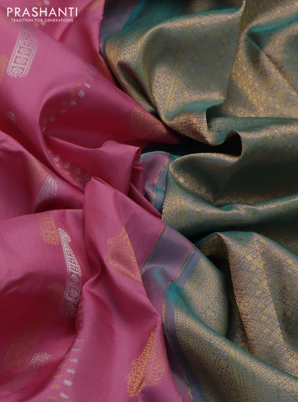 Pure kanchipuram silk saree light pink and teal blue with alover silver & gold zari weaves & buttas and rich zari woven border