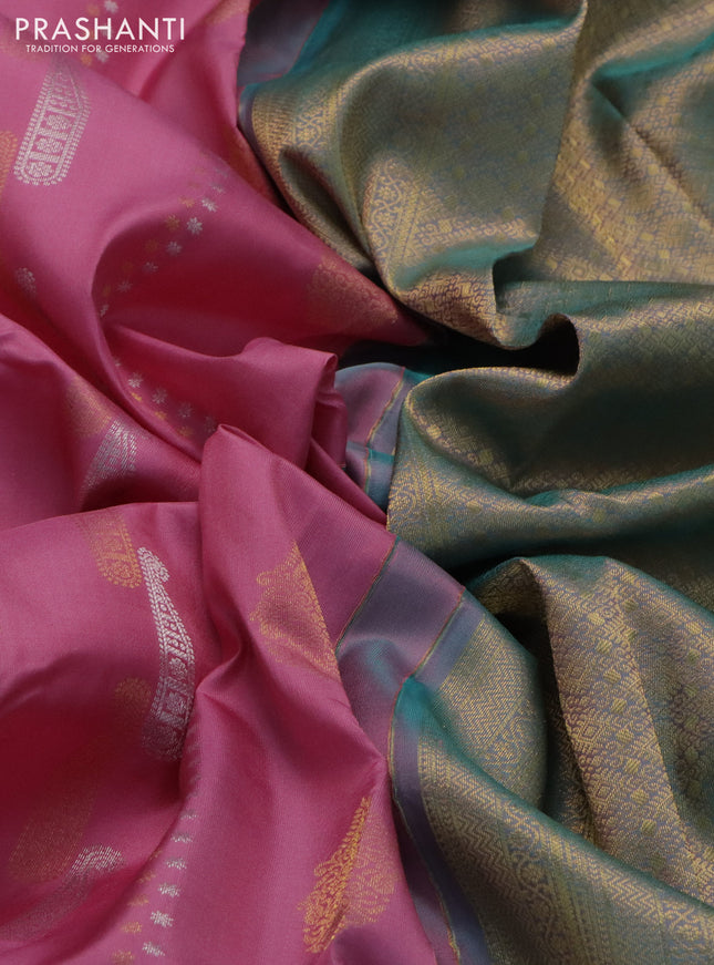 Pure kanchipuram silk saree light pink and teal blue with alover silver & gold zari weaves & buttas and rich zari woven border