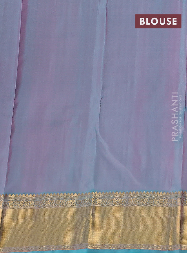 Pure kanchipuram silk saree light pink and teal blue with alover silver & gold zari weaves & buttas and rich zari woven border