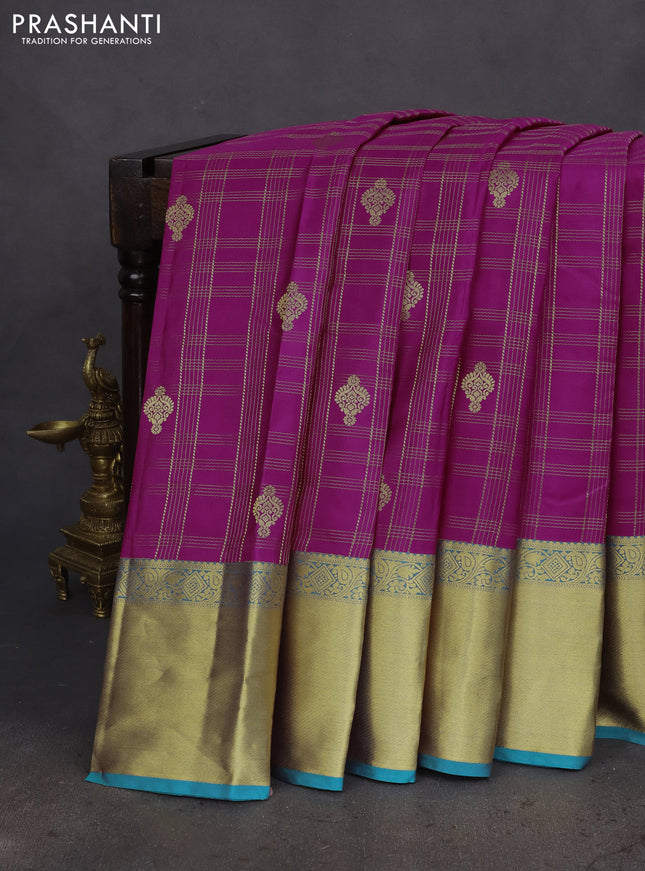 Pure kanchipuram silk saree magenta pink and teal blue with allover zari checks & buttas and rich zari woven border