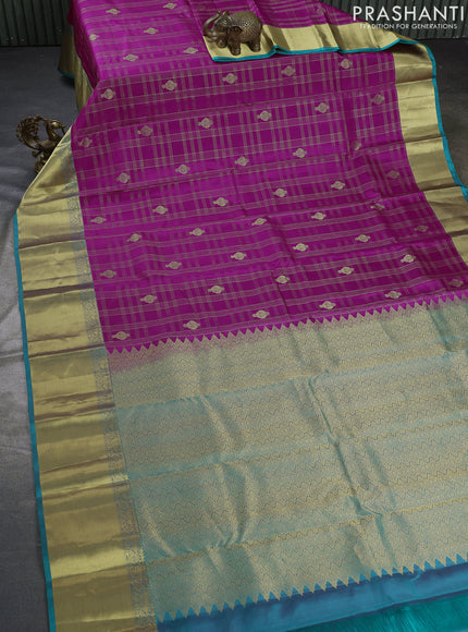 Pure kanchipuram silk saree magenta pink and teal blue with allover zari checks & buttas and rich zari woven border