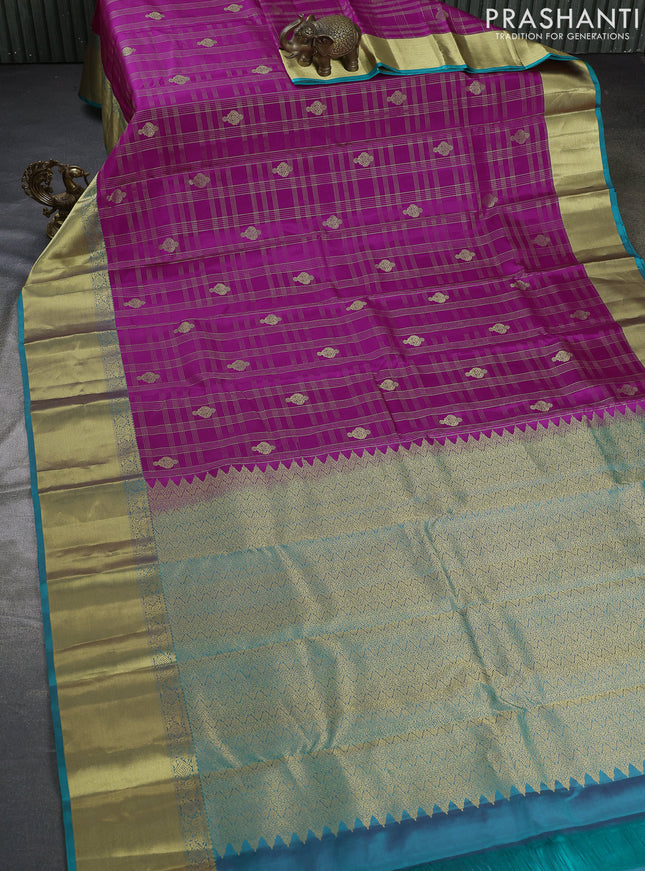 Pure kanchipuram silk saree magenta pink and teal blue with allover zari checks & buttas and rich zari woven border