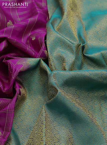 Pure kanchipuram silk saree magenta pink and teal blue with allover zari checks & buttas and rich zari woven border