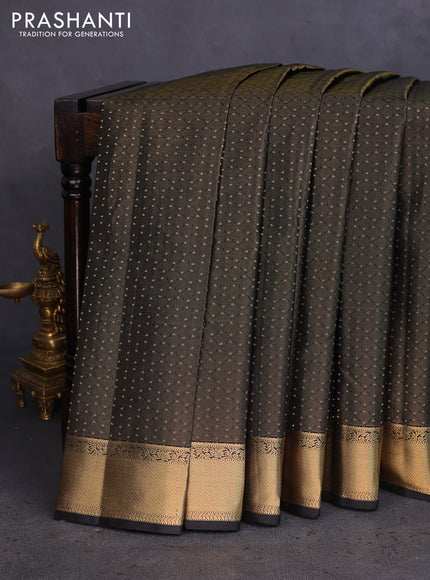 Pure kanchipuram silk saree black and teal blue with allover self emboss & zari weaves and rich zari woven border