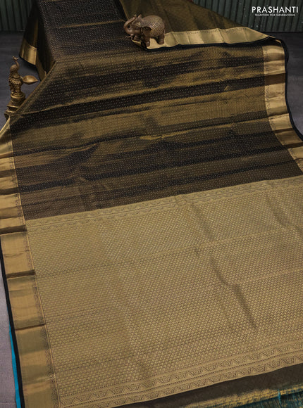 Pure kanchipuram silk saree black and teal blue with allover self emboss & zari weaves and rich zari woven border