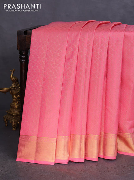 Pure kanchipuram silk saree peach pink and teal blue with allover self emboss & zari weaves and rich zari woven border