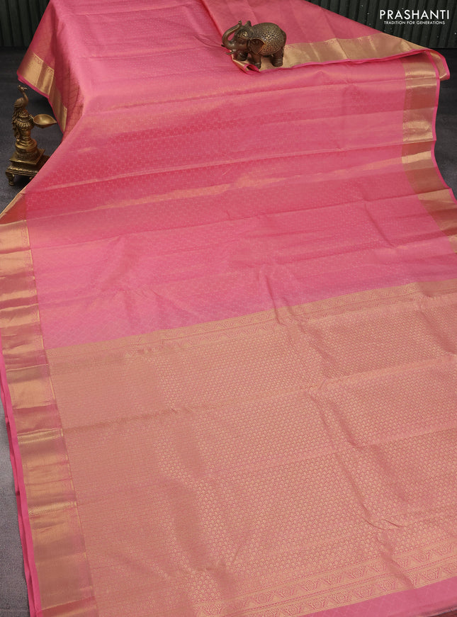 Pure kanchipuram silk saree peach pink and teal blue with allover self emboss & zari weaves and rich zari woven border