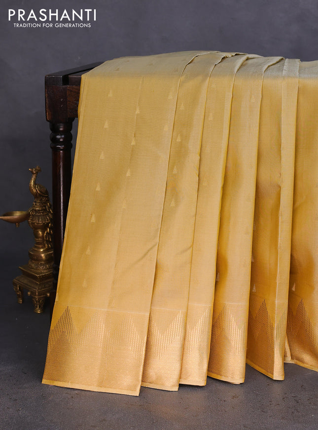 Pure kanchipuram silk saree sandal with allover zari woven temple buttas and rich zari woven border