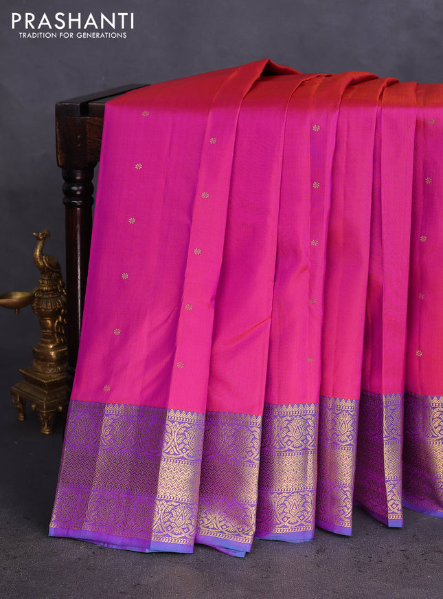 Pure kanchipuram silk saree dual shade of pinkish yellow and dual shade of blue with zari woven buttas and rich zari woven border