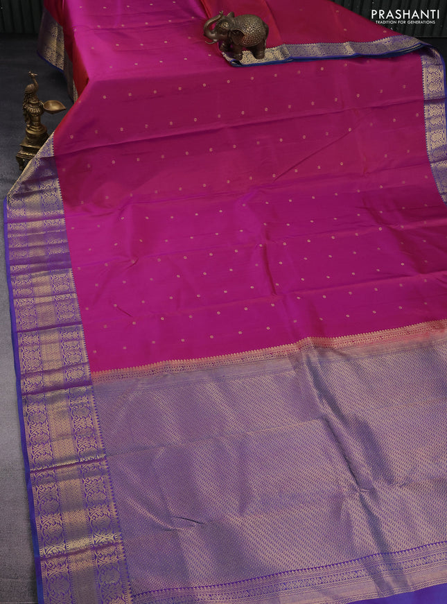 Pure kanchipuram silk saree dual shade of pinkish yellow and dual shade of blue with zari woven buttas and rich zari woven border
