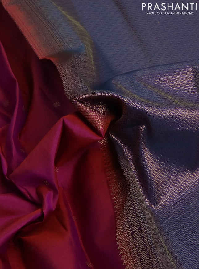 Pure kanchipuram silk saree dual shade of pinkish yellow and dual shade of blue with zari woven buttas and rich zari woven border