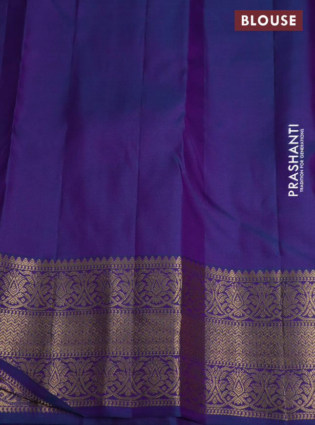 Pure kanchipuram silk saree dual shade of pinkish yellow and dual shade of blue with zari woven buttas and rich zari woven border