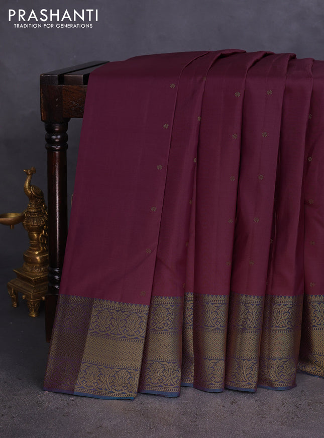 Pure kanchipuram silk saree mauve pink and dual shade of peacock blue with zari woven buttas and rich zari woven border