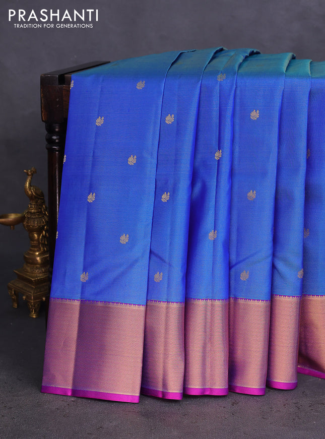 Pure kanchipuram silk saree dual shade of blue and purple with allover zari weaves & buttas and zari woven border