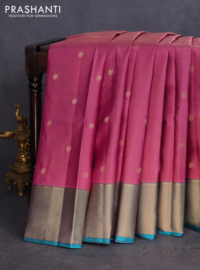 Pure kanchipuram silk saree mauve pink and teal green with allover zari weaves & buttas and zari woven border