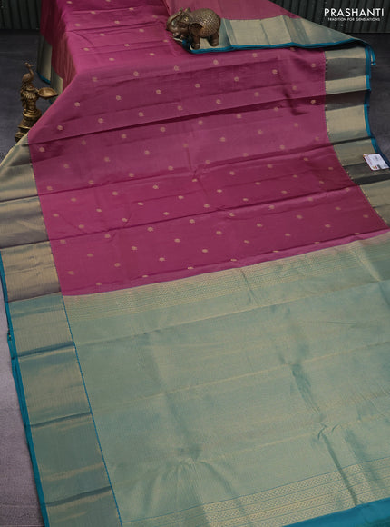 Pure kanchipuram silk saree mauve pink and teal green with allover zari weaves & buttas and zari woven border
