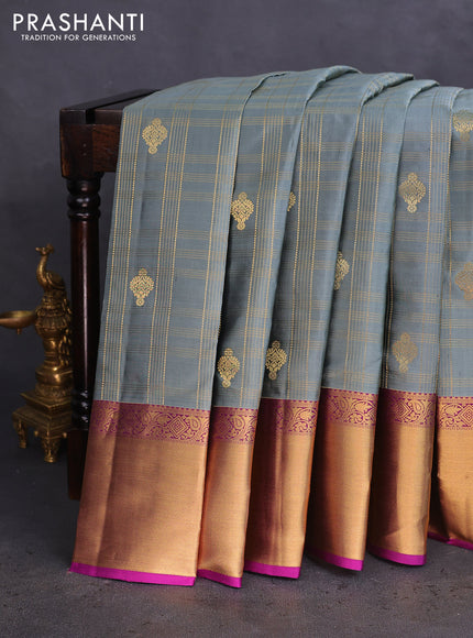 Pure kanchipuram silk saree grey and purple with allover zari checks & buttas and rich zari woven border